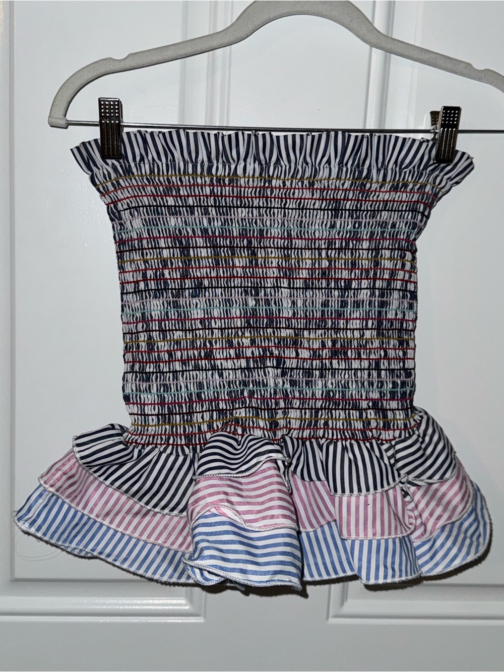 Navy Striped Smocked Mini Skirt with Pink & Blue Ruffle - Picture 3 of 4